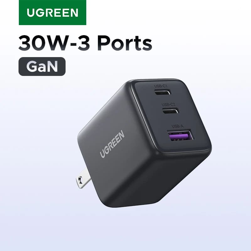 UGREEN 30W GaN Charger – 3-Port Mini PD 3.0 USB-C Fast Charger for iPhone 16/15/14 Pro, Samsung S25, Xiaomi, iPad & Tablets
