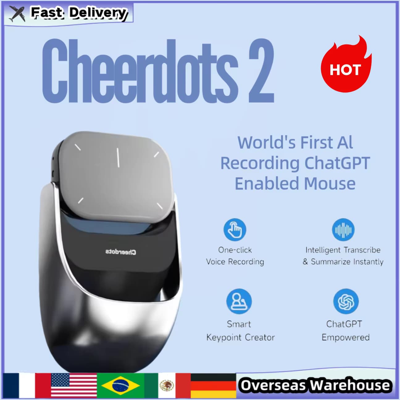 Cheerdots 2 Wireless Controll ChatGpt Detachable Air Mouse Wireless Touchpad All-in-one Pocket AI Recording Enabled Mouse Office